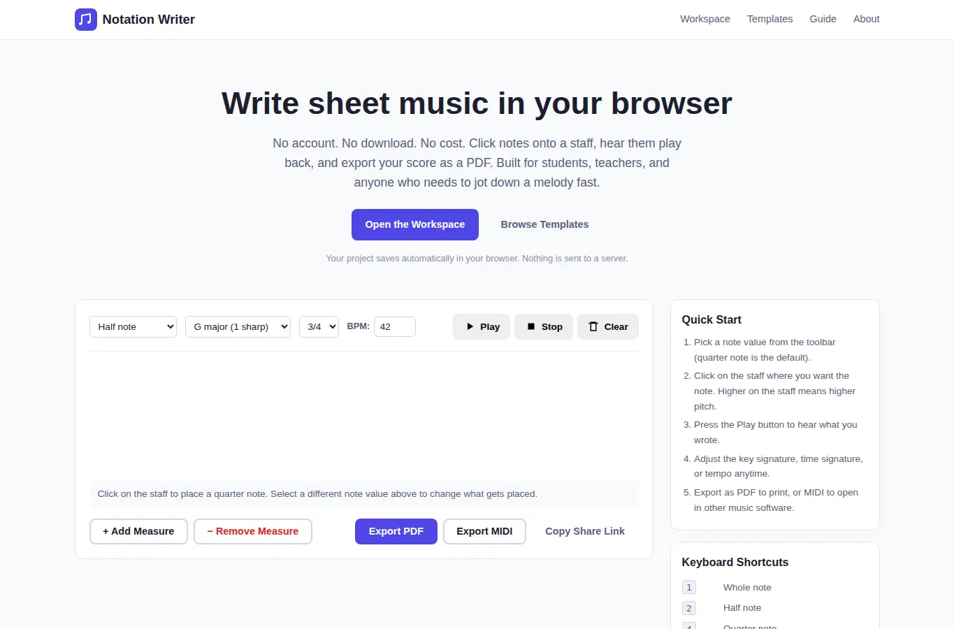 Screenshot of Free Music Notation Writer interface showing the project page in use